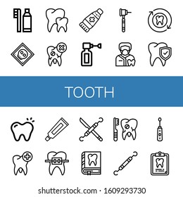 tooth icon set. Collection of Dental hygiene, X ray, Teeth, Tooth, Ointment, Ear spray, Dental drill, Dentist, Toothpaste, Braces, Dentist tools, Broken tooth, Electric toothbrush icons