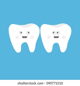 Tooth icon set. Cute funny cartoon smiling character with big eyes Friends looking on each other. Oral dental hygiene. Children teeth care Tooth health Baby background Flat design Vector illustration