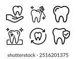 Tooth icon set featuring dentistry symbols and clean tooth designs. Perfect for medical, dental health, and hygiene visuals. Vector illustrations on a white background.