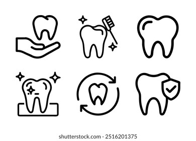 Conjunto de ícones de dentes com símbolos de odontologia e desenhos de dentes limpos. Perfeito para a saúde médica, dentária e higiene visual. Ilustrações vetoriais em um fundo branco.