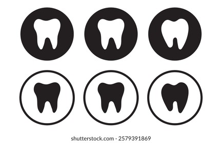 Tooth icon set featuring dentistry symbols and clean tooth designs. Perfect for medical, dental health, and hygiene visuals. Vector illustrations on a white