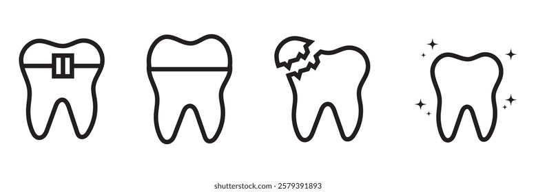 Tooth icon set featuring dentistry symbols and clean tooth designs. Perfect for medical, dental health, and hygiene visuals. Vector illustrations on a white