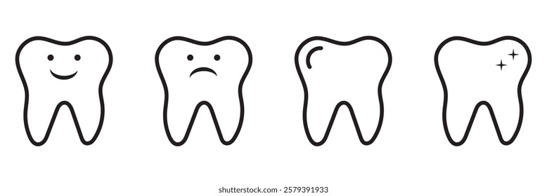 Tooth icon set featuring dentistry symbols and clean tooth designs. Perfect for medical, dental health, and hygiene visuals. Vector illustrations on a white