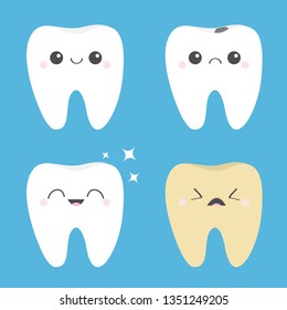 Tooth icon set. Healthy smiling Crying bad ill teeth. White Yellow Shining star. Before after Infographic. Cute cartoon kawaii character. Oral dental hygiene. Baby background. Flat design. Vector