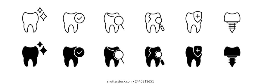 Conjunto de iconos de diente. Línea y símbolo de glifo dentista. Icono del cuidado dental