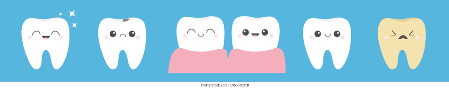 Tooth icon set line. Shining star. Healthy smiling Crying bad ill teeth. White Yellow Before after Infographic. Cute cartoon kawaii character. Oral dental hygiene. Baby background. Flat design. Vector