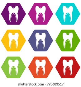 Tooth icon set many color hexahedron isolated on white vector illustration