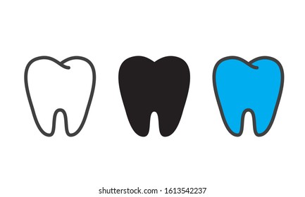 Tooth icon set. Outline, black and blue cartoon teeth symbols