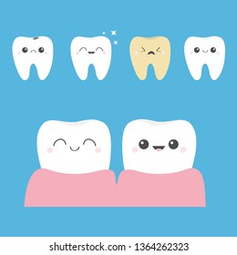 Tooth icon set. Shining star. White Yellow Healthy smiling Crying bad ill teeth. Before after Infographic. Cute cartoon kawaii character. Oral dental hygiene. Baby background. Flat design. Vector