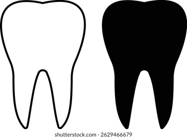 Tooth Icon set. Symbol isolated white background. Silhouette and Line Icon  vector illustration. a tooth with a black and white outline. 
