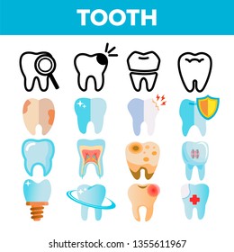 Tooth Icon Set Vector. Dental Draphic. Oral Medical Care. Mouth Tooth Pain Icon. Line, Flat Illustration