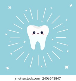 Tooth icon Smiling face. Cute cartoon kawaii character. Round line circle. Shining effect stars. Oral dental hygiene. Healthy whitening. Children teeth care. Blue background. Flat design. Vector