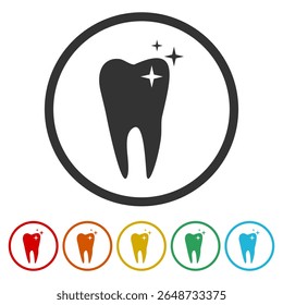 Tooth icon with sparkle. Set icons in color circle buttons