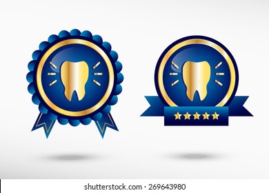 Tooth icon and stylish quality guarantee badges. Blue colorful Promotional Labels