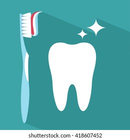 Tooth icon with toothbrush . Flat design style with long shadow. Tooth silhouette. Simple icon. Modern flat icon in stylish colors. Web site page and mobile app design element.