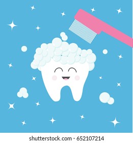 Tooth Icon. Toothbrush With Toothpaste Bubble Foam. Brush Your Teeth. Cute Funny Cartoon Smiling Character. Oral Dental Hygiene. Health Care. Baby Background. Flat Design. Vector Illustration