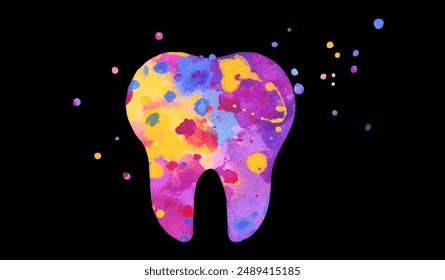 Tooth icon. Vector colorful watercolor illustration on black background