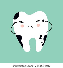 tooth icon vector illustration. diseased tooth. dirty tooth. white tooth icon on a blue background. Concept of medical cabinet, children dentistry.