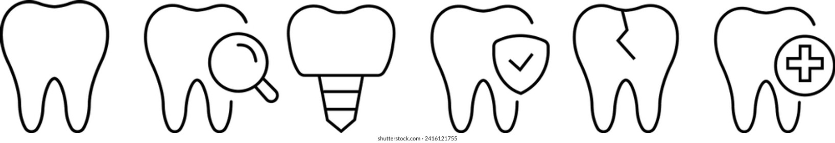 Tooth icon vector set, Dentist, bold line icons, editable stroke, teeth whitening, Dental care equipment ,Dental Implant, a sign of medical elements. Orthodontic Protection Linear Pictogram. for web.