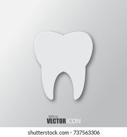 Tooth icon in white style with shadow isolated on grey background. For your design, logo. Vector illustration.