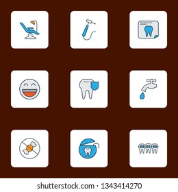 Tooth icons colored line set with water crane, smile, no sweet and other stomatology chair elements. Isolated vector illustration tooth icons.