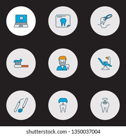 Tooth icons colored line set with tooth extraction, dental crown, dentist and other alumina elements. Isolated vector illustration tooth icons.