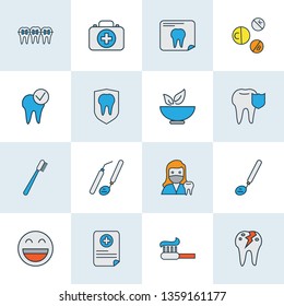 Tooth icons colored line set with toothpaste, vitamins, medical report and other tooth protection elements. Isolated vector illustration tooth icons.