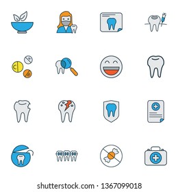 Tooth icons colored line set with tooth floss, dentist woman, tooth protection and other syringe elements. Isolated vector illustration tooth icons.