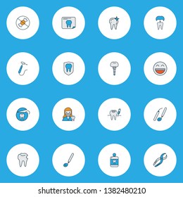 Tooth icons colored line set with tooth floss, anesthesia, dental nippers and other free sugar elements. Isolated vector illustration tooth icons.