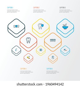 Conjunto de líneas de colores de iconos dentales con taladro, vitaminas, informes médicos y otros elementos de esmalte. Iconos dentales de ilustración vectorial aislados.
