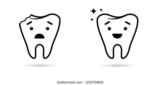 Tooth icons, diseased and healthy tooth, teeth icons for dental clinic. International Day of dentist.