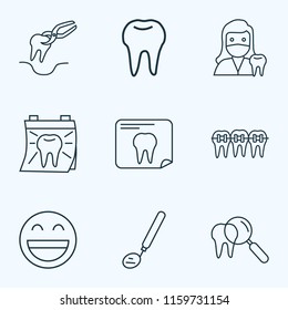 Tooth icons line style set with tooth extraction, dentist day, tooth x-ray and other doctor elements. Isolated vector illustration tooth icons.