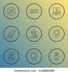 Tooth icons line style set with dental tools, tooth protection, teeth and other laptop elements. Isolated vector illustration tooth icons.