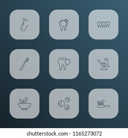 Tooth icons line style set with dentist, clean tooth, toothbrush and other stomatology chair elements. Isolated vector illustration tooth icons.