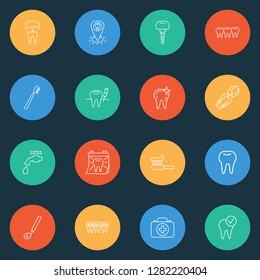 Tooth icons line style set with dental mirror, braces, dental crown and other dentition elements. Isolated vector illustration tooth icons.