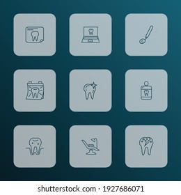 Tooth icons line style set with online dentist, dental mirror, parodontosis and other cleaned elements. Isolated vector illustration tooth icons.