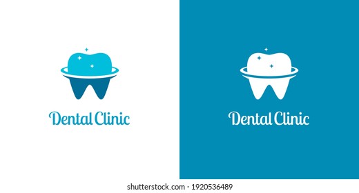 Tooth icons with orbit shapes and star lights on white and blue backgrounds. Abstract dental logo designs.