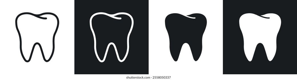 Tooth icons pack in black and white filled and outlined versions.