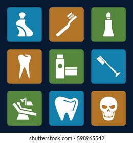 tooth icons set. Set of 9 tooth filled icons such as cream tube, toothbrush, tooth, dental chair