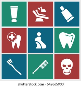 Tooth icons set. set of 9 tooth filled icons such as cream tube, toothbrush, dental care, dental chair