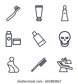 tooth icons set. Set of 9 tooth outline icons such as cream tube, toothbrush, dental chair