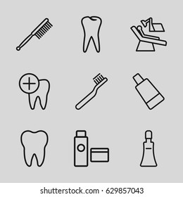 Tooth icons set. set of 9 tooth outline icons such as cream tube, toothbrush, tooth, dental care