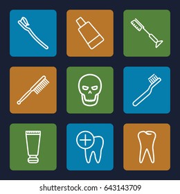 Tooth icons set. set of 9 tooth outline icons such as cream tube, toothbrush, dental care
