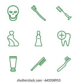Tooth icons set. set of 9 tooth outline icons such as cream tube, toothbrush, tooth brush, dental care