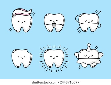 Tooth Icons. Set of cute tooth emoji and emoticons with different facial expressions. Set of icons as Teeth, Braces, Dental Floss, Care, Dentist, Dental, Tooth Fairy. Vector isolated illustration