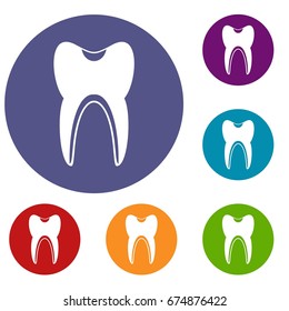 Tooth icons set in flat circle reb, blue and green color for web