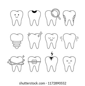 Tooth icons set. outline style. different facial expressions. Dental care concept. Vector illustration isolated on white background.