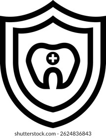 Ilustración de diente en escudo con símbolo de cruz, diseño de icono de contorno médico o de atención médica