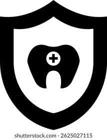 Ilustración del diente en el escudo con el símbolo de la cruz, el cuidado de la salud o el diseño médico del icono blanco y negro
