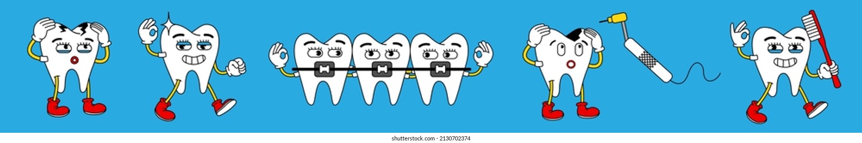 Tooth illustration set. funny cartoon character. The tooth sparkles and shows fingers in order, a tooth with caries.
